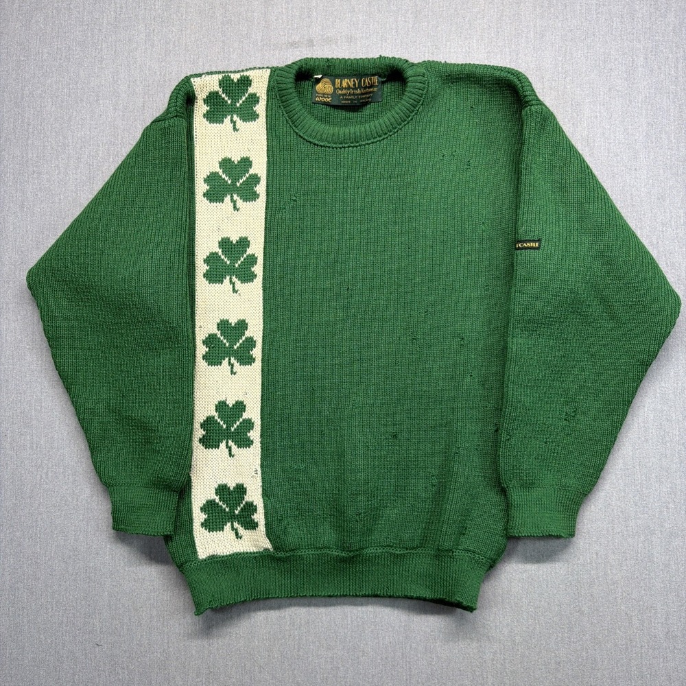 VTG Blarney Castle Sweater Mens Small Green Ireland Pure New Wool DISTRESSED